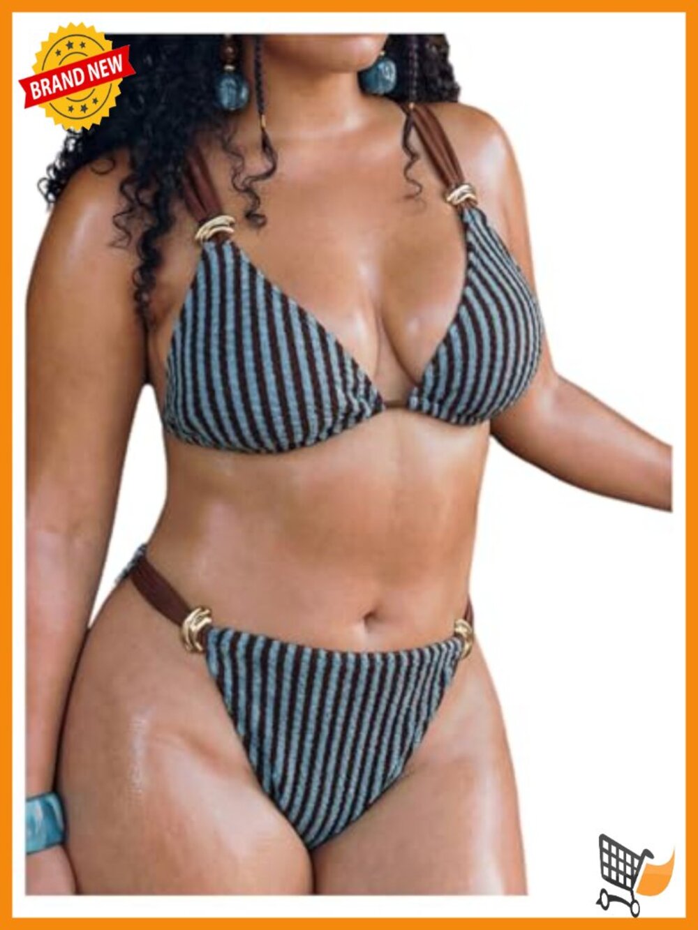 Plus Size Striped Triangle High Waisted Thong Bikini Set